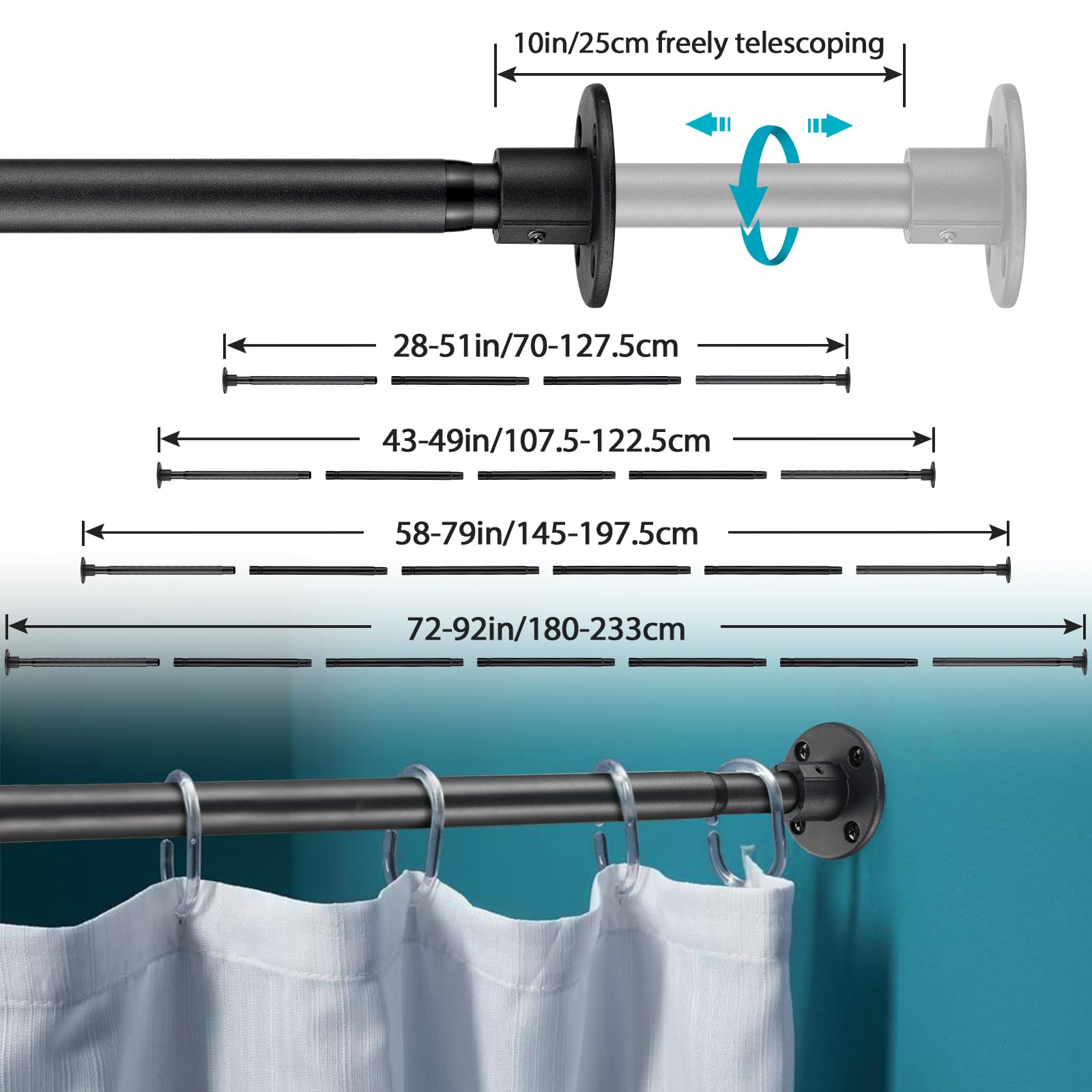 Closet Rods For Hanging Clothes, 28-92 Inch Adjustable Size, Screw Fixing Connection, For Closet Wardrobes Laundry Rv, Black